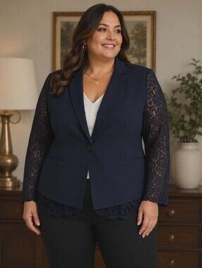 Lane Bryant The Bryant Blazer Womens Size 24 Navy Lace Sleeve Career Jacket